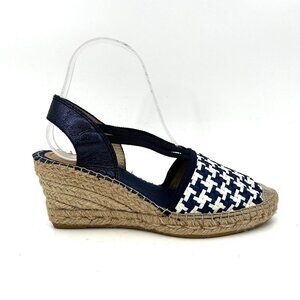 HEYRAUD Navy Blue White Leather Woven Espadrille Wedge Sandals Size EU 38